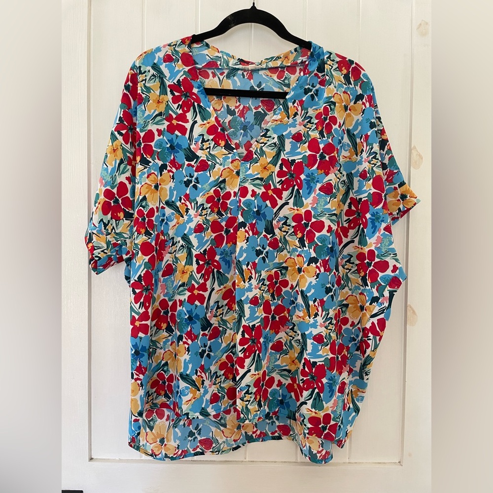Women’s Jodifl Bright Floral Summer Spring Relaxed Top Blouse V Neck Size L